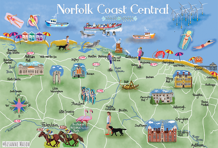 Central Norfolk coast, illustrated map by Susanne Mason