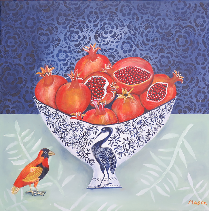 Pomegranates with two Birds (acrylics on canvas, 50x50 cm)