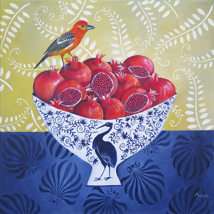 Pomegranates with flame coloured Tanager, by Susanne Mason (acrylics on canvas 50x50 cm)