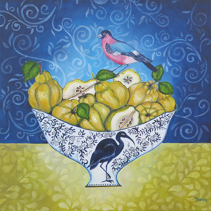 Quinces with Bullfinch, by Susanne Mason (acrylics on canvas, 50x50 cm)